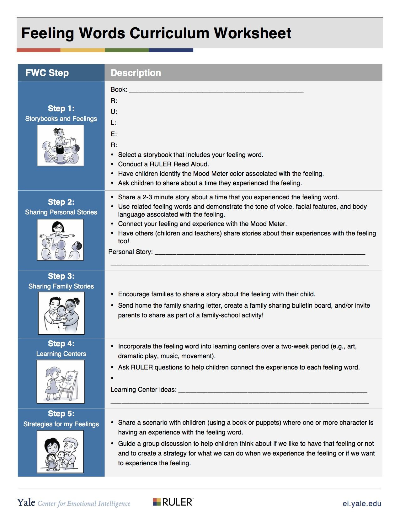 Fwc Steps Worksheet [Preschool] | Feelings Words