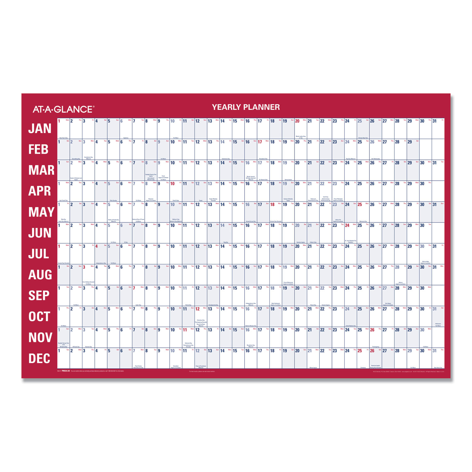 Horizontal Erasable Wall Planner, 36 X 24, White/red, 2020