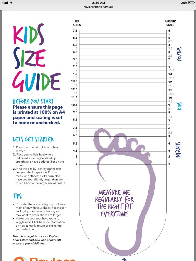 Child Foot Size Chart Printable